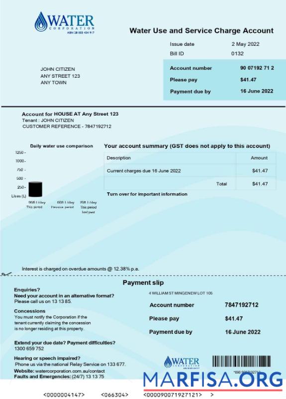 Printable Australia Water Corporation WA utility bill .doc and .pdf template